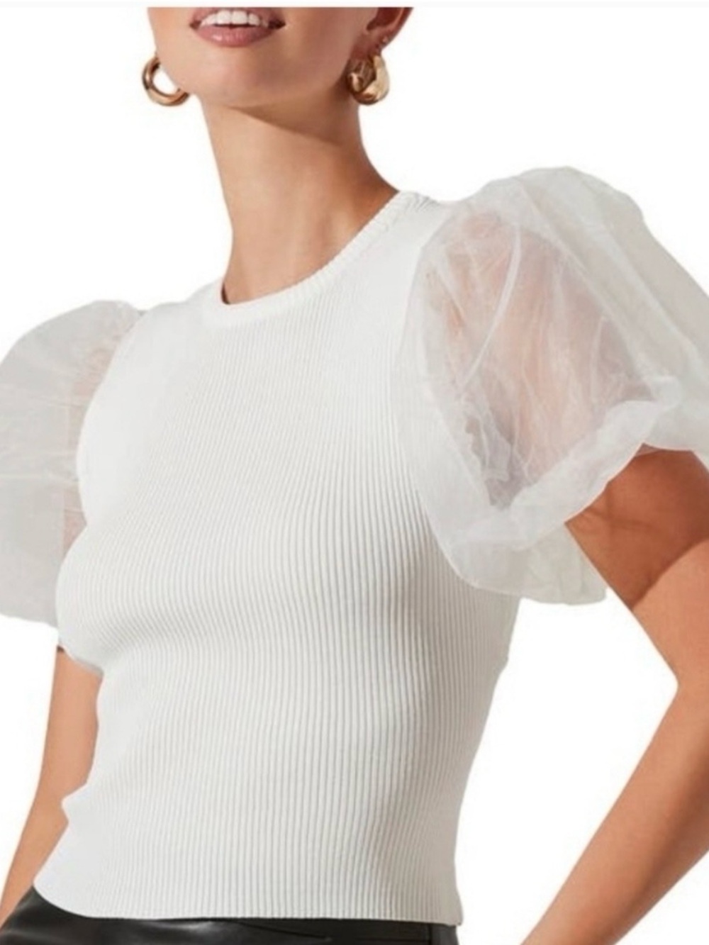 Astr White Ribbed Tee with Sheer Puff Short Sleeves
